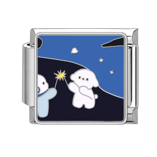 Bild von 1 Stück 304 Edelstahl Charm-Armband mit italienischen Gliedern zur Herstellung von DIY-Schmuck Silberfarbe Bunt Rechteck Hund 10mm x 9mm