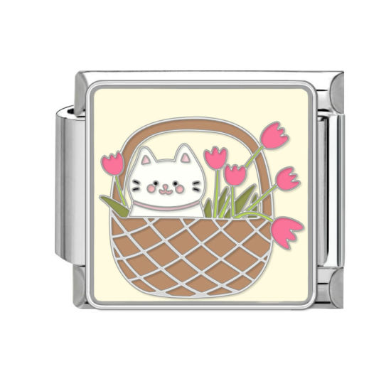 Bild von 1 Stück 304 Edelstahl Charm-Armband mit italienischen Gliedern zur Herstellung von DIY-Schmuck Silberfarbe Bunt Rechteck Katze 10mm x 9mm