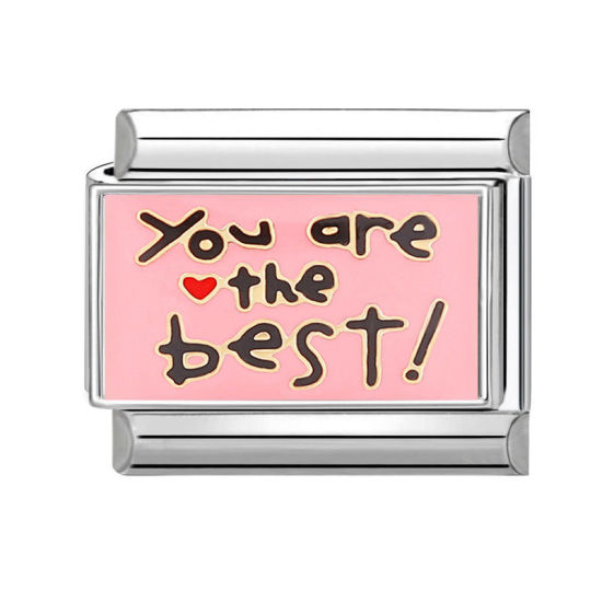 Изображение 1 ШТ 304 Нержавеющая Сталь Очаровательный итальянский браслет со звеньями Изготовление ювелирных изделий своими руками Серебряный Тон Розовый Прямоугольник Сообщение " You Are The Best " 10мм x 9мм