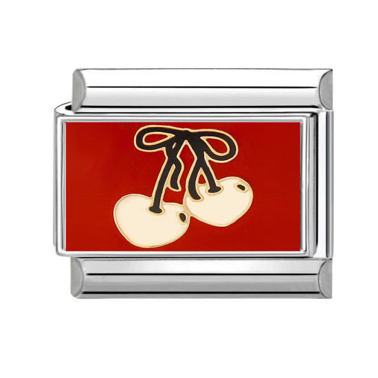 Изображение 1 ШТ 304 Нержавеющая Сталь Очаровательный итальянский браслет со звеньями Изготовление ювелирных изделий своими руками Серебряный Тон Красный Прямоугольник Вишня 10мм x 9мм