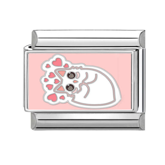 Изображение 1 ШТ 304 Нержавеющая Сталь Очаровательный итальянский браслет со звеньями Изготовление ювелирных изделий своими руками Серебряный Тон Розовый Прямоугольник Кошка 10мм x 9мм