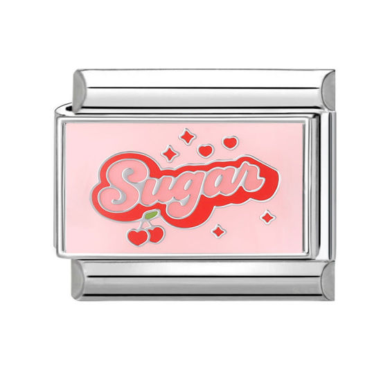 Immagine di 1 Pz 304 Acciaio Inossidabile Bracciale con Charm Italiano a Maglie, Creazione di Gioielli Fai-da-te Tono Argento Rosa Rettangolo Messaggio " SUGAR " 10mm x 9mm