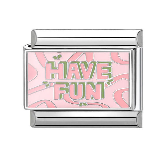 Immagine di 1 Pz 304 Acciaio Inossidabile Bracciale con Charm Italiano a Maglie, Creazione di Gioielli Fai-da-te Tono Argento Rosa Rettangolo Messaggio " Have Fun " 10mm x 9mm