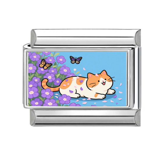 Immagine di 1 Pz 304 Acciaio Inossidabile Bracciale con Charm Italiano a Maglie, Creazione di Gioielli Fai-da-te Tono Argento Multicolore Rettangolo Gatto 10mm x 9mm