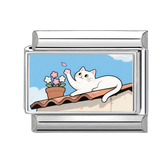 Immagine di 1 Pz 304 Acciaio Inossidabile Bracciale con Charm Italiano a Maglie, Creazione di Gioielli Fai-da-te Tono Argento Multicolore Rettangolo Gatto 10mm x 9mm