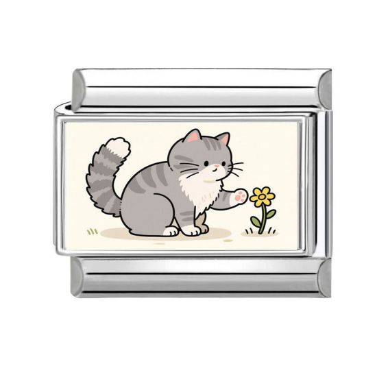 Immagine di 1 Pz 304 Acciaio Inossidabile Bracciale con Charm Italiano a Maglie, Creazione di Gioielli Fai-da-te Tono Argento Multicolore Rettangolo Gatto 10mm x 9mm