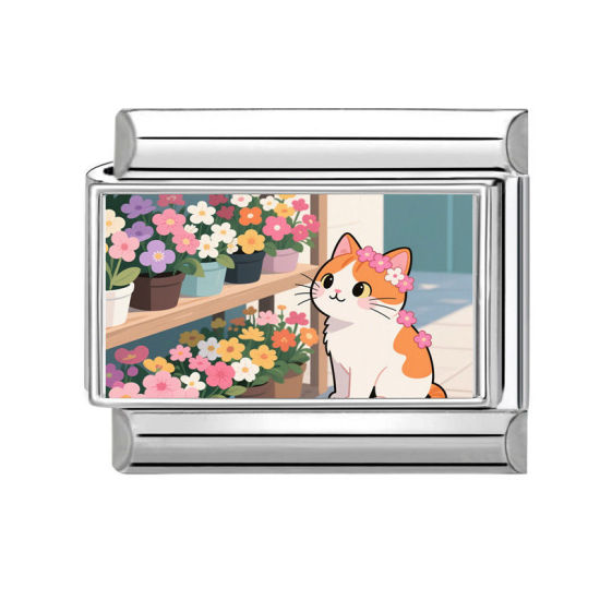 Immagine di 1 Pz 304 Acciaio Inossidabile Bracciale con Charm Italiano a Maglie, Creazione di Gioielli Fai-da-te Tono Argento Multicolore Rettangolo Gatto 10mm x 9mm