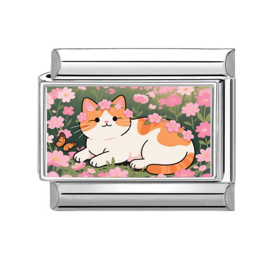 Immagine di 1 Pz 304 Acciaio Inossidabile Bracciale con Charm Italiano a Maglie, Creazione di Gioielli Fai-da-te Tono Argento Multicolore Rettangolo Gatto 10mm x 9mm