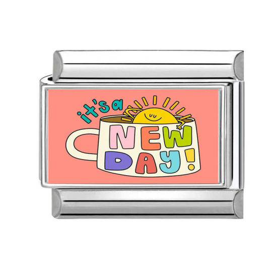 Immagine di 1 Pz 304 Acciaio Inossidabile Bracciale con Charm Italiano a Maglie, Creazione di Gioielli Fai-da-te Tono Argento Multicolore Rettangolo Messaggio " New Day " 10mm x 9mm