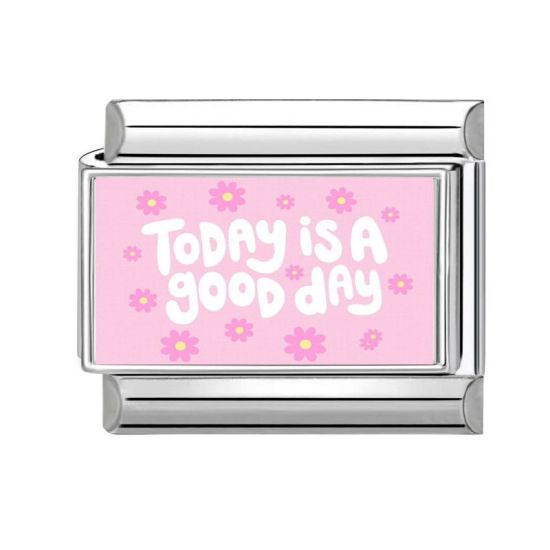 Immagine di 1 Pz 304 Acciaio Inossidabile Bracciale con Charm Italiano a Maglie, Creazione di Gioielli Fai-da-te Tono Argento Rosa Rettangolo Messaggio " today is a good day " 10mm x 9mm