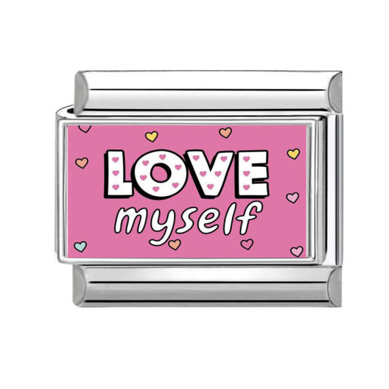 Изображение 1 ШТ 304 Нержавеющая Сталь Очаровательный итальянский браслет со звеньями Изготовление ювелирных изделий своими руками Серебряный Тон Прямоугольник Сообщение " Love Myself " 10мм x 9мм