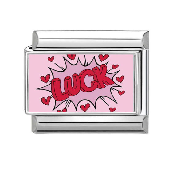 Изображение 1 ШТ 304 Нержавеющая Сталь Очаровательный итальянский браслет со звеньями Изготовление ювелирных изделий своими руками Серебряный Тон Прямоугольник Сообщение " LUCK " 10мм x 9мм