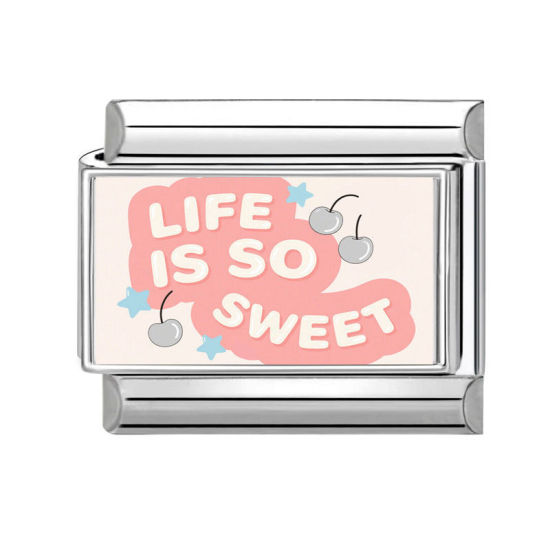 Изображение 1 ШТ 304 Нержавеющая Сталь Очаровательный итальянский браслет со звеньями Изготовление ювелирных изделий своими руками Серебряный Тон Прямоугольник Сообщение " Life Is So Sweet " 10мм x 9мм