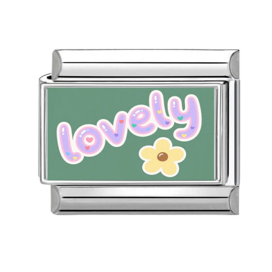 Изображение 1 ШТ 304 Нержавеющая Сталь Очаровательный итальянский браслет со звеньями Изготовление ювелирных изделий своими руками Серебряный Тон Прямоугольник Сообщение " Lovely " 10мм x 9мм