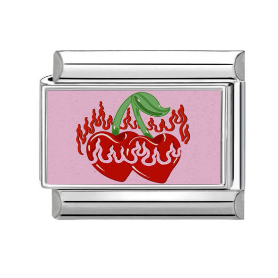 Изображение 1 ШТ 304 Нержавеющая Сталь Очаровательный итальянский браслет со звеньями Изготовление ювелирных изделий своими руками Серебряный Тон Красный Прямоугольник Вишня 10мм x 9мм