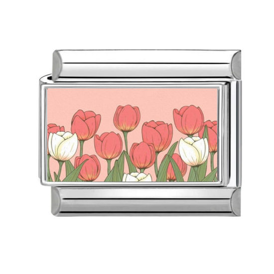 Изображение 1 ШТ 304 Нержавеющая Сталь Очаровательный итальянский браслет со звеньями Изготовление ювелирных изделий своими руками Серебряный Тон Разноцветный Прямоугольник Тюльпан цветок 10мм x 9мм