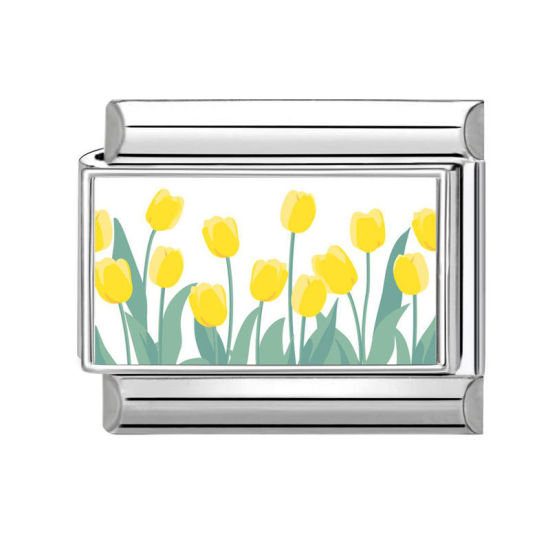 Изображение 1 ШТ 304 Нержавеющая Сталь Очаровательный итальянский браслет со звеньями Изготовление ювелирных изделий своими руками Серебряный Тон Разноцветный Прямоугольник Тюльпан цветок 10мм x 9мм