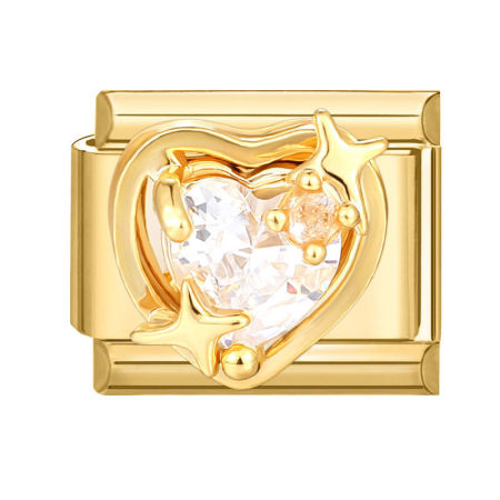 Picture of 1 Piece 304 Stainless Steel Valentine's Day Italian Charm Links For DIY Bracelet Jewelry Making Gold Plated Rectangle Heart Clear Rhinestone 10mm x 9mm