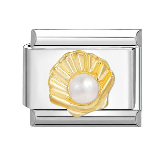 Bild von 1 Stück 304 Edelstahl Charm-Armband mit italienischen Gliedern zur Herstellung von DIY-Schmuck Silberfarbe Rechteck Muschelschale Imitat Perle 10mm x 9mm