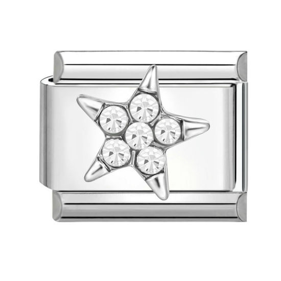 Bild von 1 Stück 304 Edelstahl Charm-Armband mit italienischen Gliedern zur Herstellung von DIY-Schmuck Silberfarbe Rechteck Pentagramm Transparent Strass 10mm x 9mm