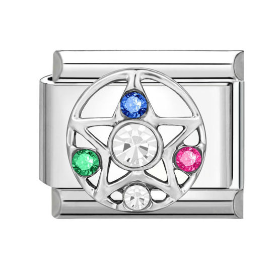 Bild von 1 Stück 304 Edelstahl Charm-Armband mit italienischen Gliedern zur Herstellung von DIY-Schmuck Silberfarbe Rechteck Pentagramm Bunt Strass 10mm x 9mm