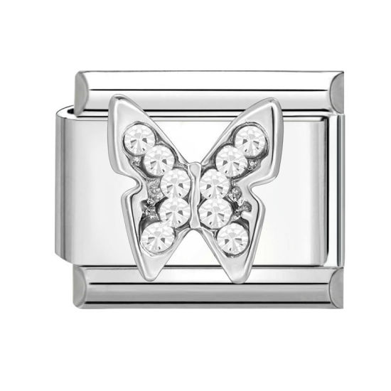 Bild von 1 Stück 304 Edelstahl Charm-Armband mit italienischen Gliedern zur Herstellung von DIY-Schmuck Silberfarbe Rechteck Schmetterling Transparent Strass 10mm x 9mm