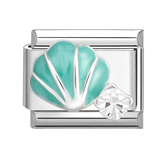 Bild von 1 Stück 304 Edelstahl Charm-Armband mit italienischen Gliedern zur Herstellung von DIY-Schmuck Silberfarbe Cyan Rechteck Muschelschale 10mm x 9mm