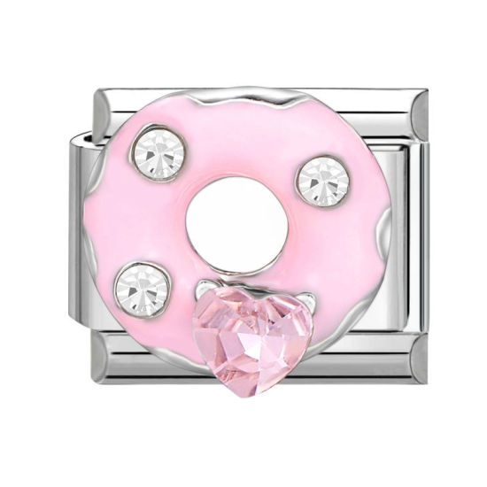 Bild von 1 Stück 304 Edelstahl Charm-Armband mit italienischen Gliedern zur Herstellung von DIY-Schmuck Silberfarbe Rosa Rechteck Donut Transparent Strass 10mm x 9mm