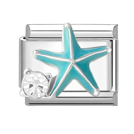 Bild von 1 Stück 304 Edelstahl Charm-Armband mit italienischen Gliedern zur Herstellung von DIY-Schmuck Silberfarbe Rechteck Seesterne Transparent Strass 10mm x 9mm