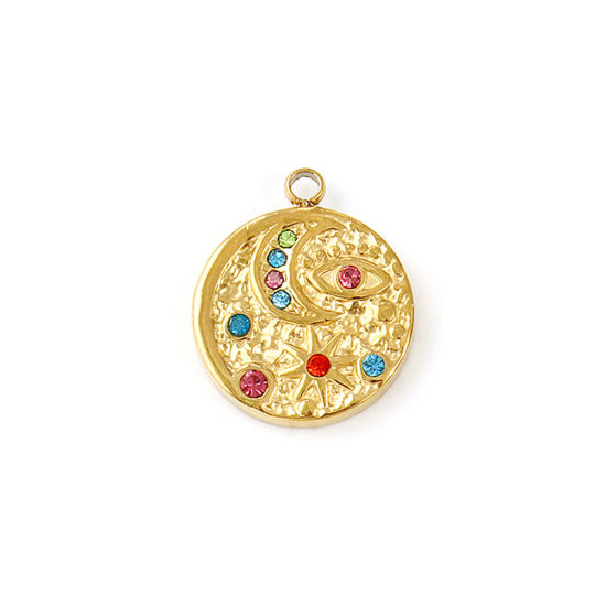 Bild von 2 Stück Umweltfreundliche PVD-Vakuumbeschichtung 304 Edelstahl Galaxis Charms 18K Echtgold plattiert Rund Scheibe Mond Bunt Strass 19mm x 16mm