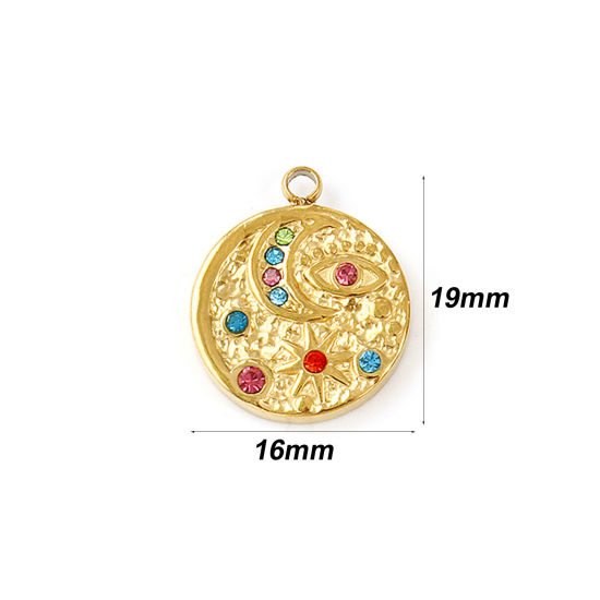 Bild von 2 Stück Umweltfreundliche PVD-Vakuumbeschichtung 304 Edelstahl Galaxis Charms 18K Echtgold plattiert Rund Scheibe Mond Bunt Strass 19mm x 16mm