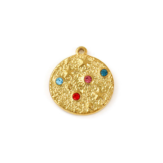 Bild von 2 Stück Umweltfreundliche PVD-Vakuumbeschichtung 304 Edelstahl Galaxis Charms 18K Echtgold plattiert Rund Scheibe Stern Bunt Strass 20mm x 18mm