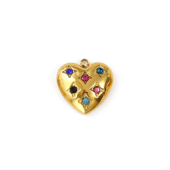 Bild von 2 Stück Umweltfreundliche PVD-Vakuumbeschichtung 304 Edelstahl Galaxis Charms 18K Echtgold plattiert Herz Stern Bunt Strass 15.5mm x 15mm