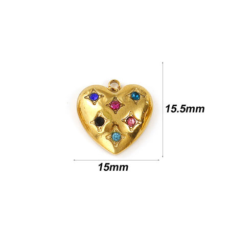 Picture of 2 PCs Eco-friendly PVD Vacuum Plating Waterproof Anti-Tarnish Hypoallergenic 304 Stainless Steel Galaxy Charms 18K Real Gold Plated Heart Star Multicolor Rhinestone 15.5mm x 15mm