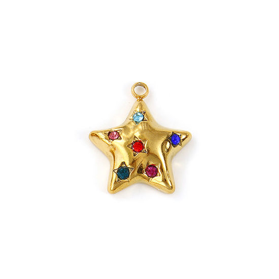 Bild von 2 Stück Umweltfreundliche PVD-Vakuumbeschichtung 304 Edelstahl Galaxis Charms 18K Echtgold plattiert Pentagramm Stern Bunt Strass 19mm x 17mm