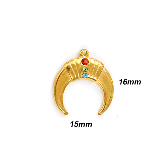 Bild von 2 Stück Umweltfreundliche PVD-Vakuumbeschichtung 304 Edelstahl Galaxis Charms 18K Echtgold plattiert Halbmond Bunt Strass 16mm x 15mm