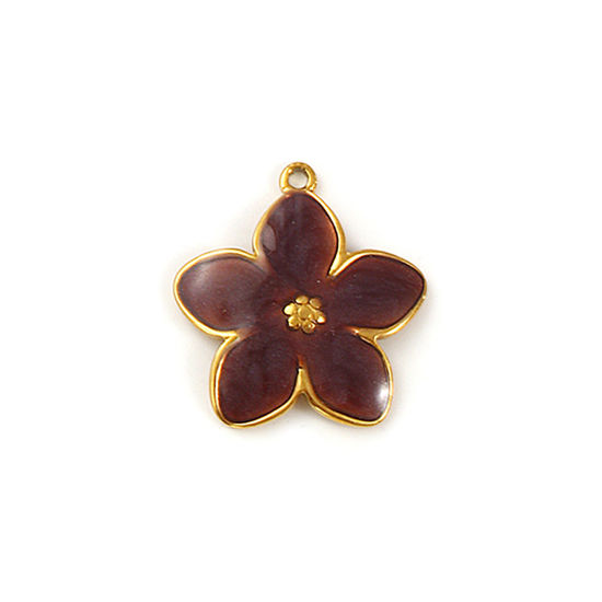 2 個 エコフレンドリー PVD真空メッキ 304ステンレス鋼 チャーム 18Kリアルゴールドメッキ コーヒー色 エナメル フラワー 光沢ある 22.5mm x 21mm、 の画像
