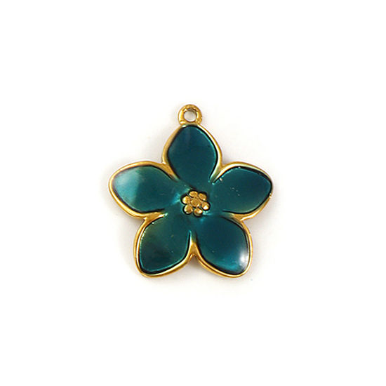 2 個 エコフレンドリー PVD真空メッキ 304ステンレス鋼 チャーム 18Kリアルゴールドメッキ 深緑色 エナメル フラワー 22.5mm x 21mm、 の画像