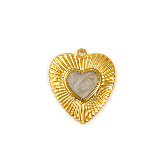 2 個 エコフレンドリー PVD真空メッキ 304ステンレス鋼 バレンタイン・デー チャーム 18Kリアルゴールドメッキ グレー エナメル ハート 光沢ある 26mm x 23mm、 の画像