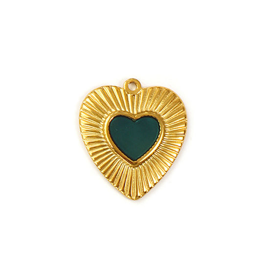 2 個 エコフレンドリー PVD真空メッキ 304ステンレス鋼 バレンタイン・デー チャーム 18Kリアルゴールドメッキ 深緑色 エナメル ハート 26mm x 23mm、 の画像