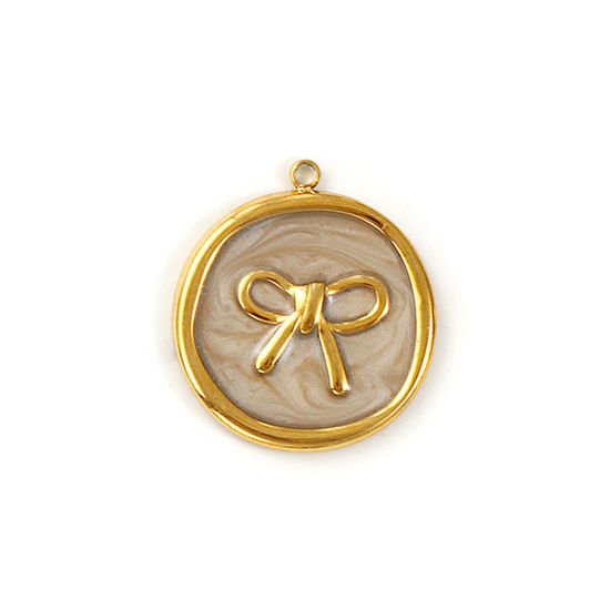 2 個 エコフレンドリー PVD真空メッキ 304ステンレス鋼 チャーム 18Kリアルゴールドメッキ グレー エナメル 円形 ディスク ちょう結び 光沢ある 27mm x 24mm、 の画像