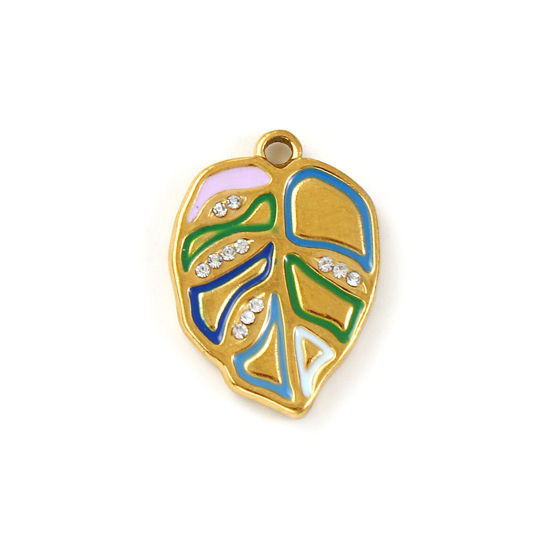 Bild von 2 Stück Umweltfreundliche PVD-Vakuumbeschichtung 304 Edelstahl Charms 18K Echtgold plattiert Bunt Emaille Monstera Blatt Transparent Strass 22mm x 16mm