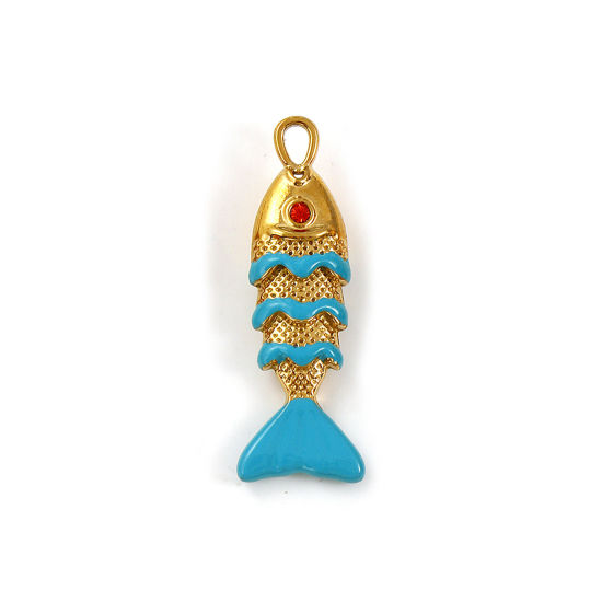 Immagine di 2 Pz Placcatura Sottovuoto PVD Ecologica 304 Acciaio Inossidabile Gioielli Oceanici Ciondoli 18K Vero Oro Placcato Verde Blu Smalto Pesce 3D Arancione-Rosso Strass 29mm x 10mm