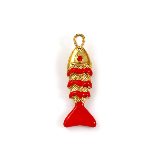 Immagine di 2 Pz Placcatura Sottovuoto PVD Ecologica 304 Acciaio Inossidabile Gioielli Oceanici Ciondoli 18K Vero Oro Placcato Rosso Smalto Pesce 3D Arancione-Rosso Strass 29mm x 10mm