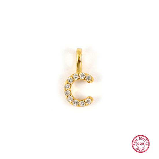 Picture of 1 Piece Sterling Silver Capital Alphabet Initial Letter Name Charms 18K Gold Plated Message " C " Micro Pave 10mm x 5mm