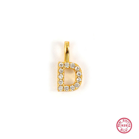 Picture of 1 Piece Sterling Silver Capital Alphabet Initial Letter Name Charms 18K Gold Plated Message " D " Micro Pave 10mm x 5mm