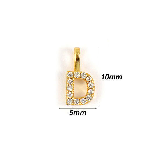 Picture of 1 Piece Sterling Silver Capital Alphabet Initial Letter Name Charms 18K Gold Plated Message " D " Micro Pave 10mm x 5mm