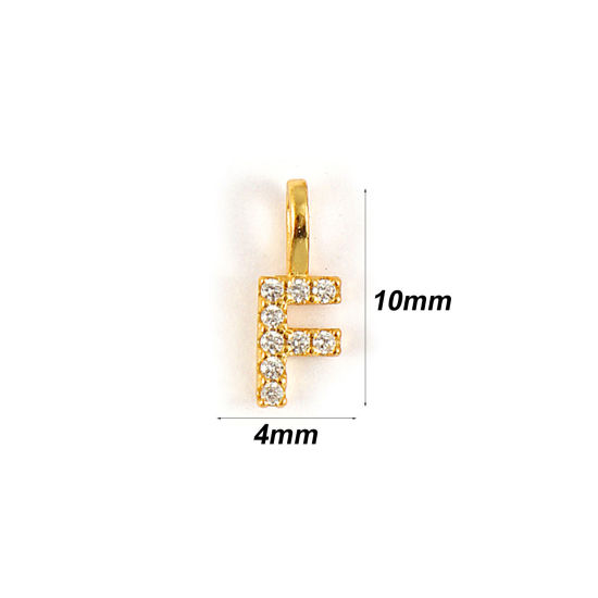 Picture of 1 Piece Sterling Silver Capital Alphabet Initial Letter Name Charms 18K Gold Plated Message " F " Micro Pave 10mm x 4mm