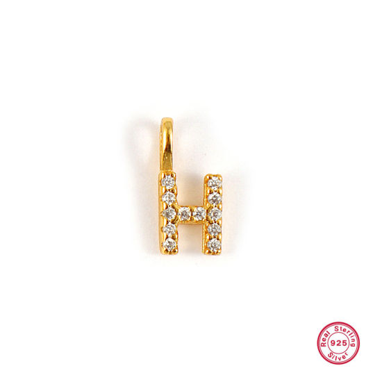 Picture of 1 Piece Sterling Silver Capital Alphabet Initial Letter Name Charms 18K Gold Plated Message " H " Micro Pave 10mm x 5mm