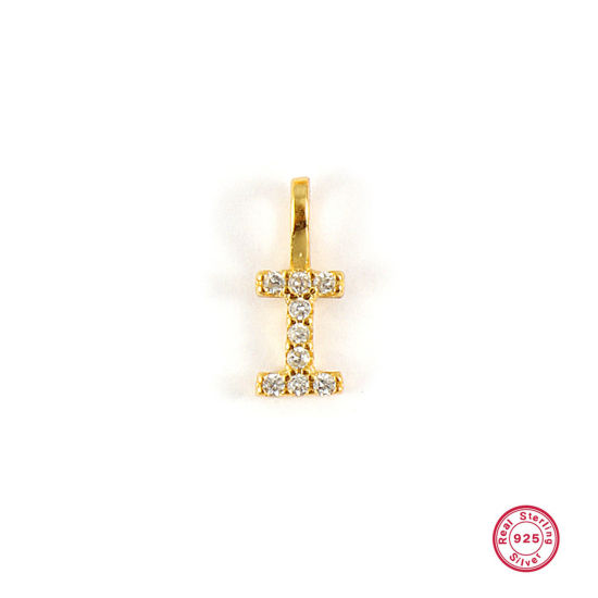 Picture of 1 Piece Sterling Silver Capital Alphabet Initial Letter Name Charms 18K Gold Plated Message " I " Micro Pave 10mm x 4mm